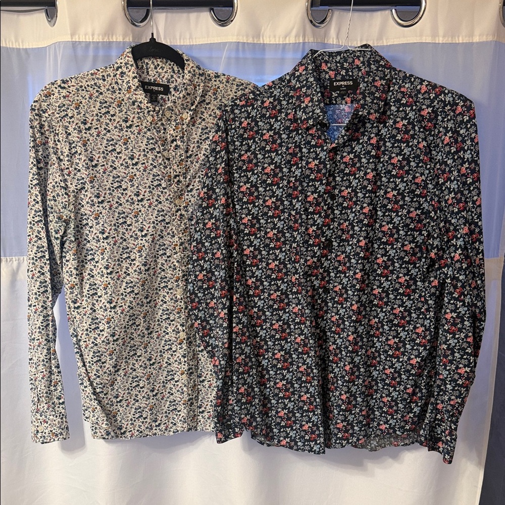 Express Men's Floral Button-Down Shirts - Black & Cream with Pink Accents